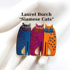 Vintage Laurel Burch Siamese Cats Brooch Pin, Gold Plated Cloisonné Enamel